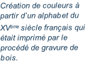 Création de couleurs à partir d’un alphabet du XVème siècle français qui était imprimé par le procédé de gravure de bois.